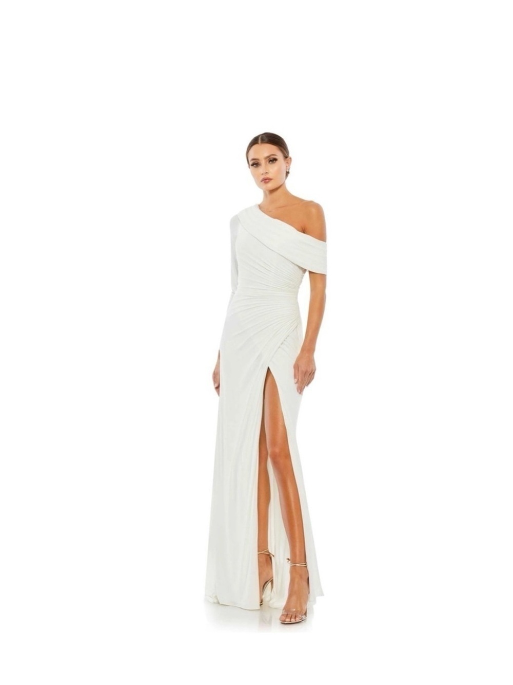 Mac Duggal Ivory One-Shoulder Ruched Maxi Gown with High Slit